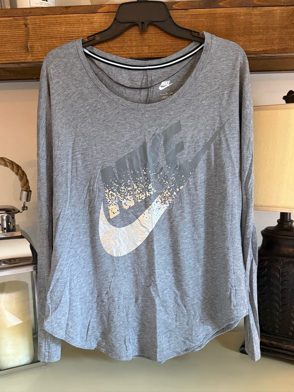 Nike Women's Long-Sleeve Grey Logo Tee with Metallic Accent